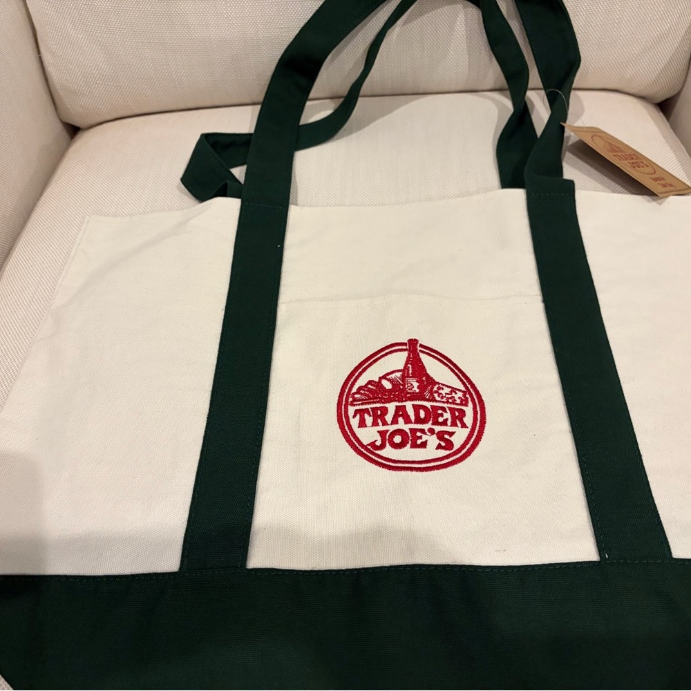 Trader Joe's Large Canvas Tote Bag in Cream and Forest Green with Red Logo